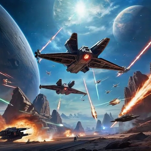 _A thrilling scene inspired by Star Wars, set in a vast expanse of space filled with vibrant colors and dynamic action. In the foreground, a sleek starfighter zips through the void, its engines glowin