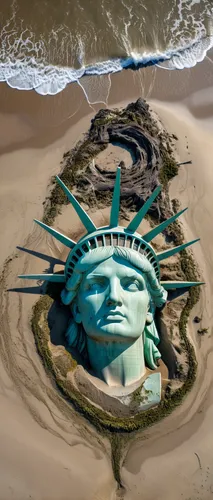 A scene of the Head of the Statue of Liberty, abandoned and partially buried in the golden sand of an unknown beach. The once majestic statue, now without its crown and arm, resembles the fallen symbo