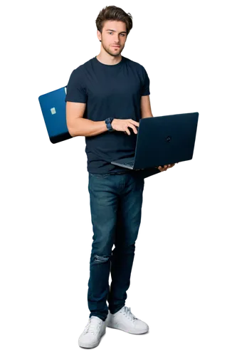 YOLO origin, founder, solo, (29yo), messy hair, black T-shirt, ripped jeans, sneakers, holding laptop, standing, casual posture, relaxed facial expression, dim lighting, indoor setting, simple backgro