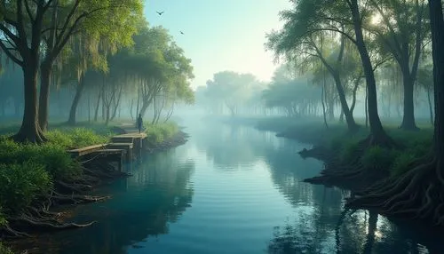 Wetland scene, serene atmosphere, Prussian blue water reflection, lush green vegetation, twisted mangrove roots, misty fog rolling in, wooden boardwalk winding through, subtle morning sunlight filteri