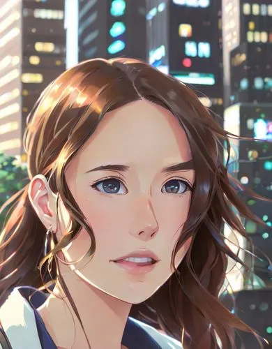 a portrait half body of a beautiful young caucasian girl 24 years old brown hair, dressing a casual clothes the night in New York as background in 4k,shibuya,girl with speech bubble,shinjuku,cg artwor