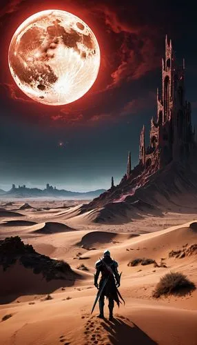 BLOODBORN art, ELDEN RING Style, dungeon and dragons style, waters are rising as the moon moves out of orbit and approaches the apocalyptic Earth  ruins to impact. desert scene  alien rocks large dune