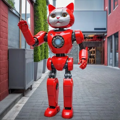 anthropomorphic cat red mannequin, robot made of red plastic, plastic exterior, plastic head, plastic face, plastic body, plastic mechanisms, plastic gears, friendly, smiling happily, approvachable, g