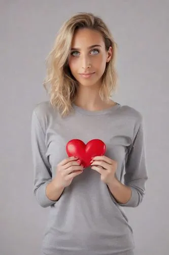 The image is a close-up portrait of a young woman with blonde hair. She is wearing a grey t-shirt and has a pair of red heart-shaped sunglasses on her face. Her lips are painted red and she is making 