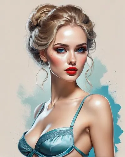 fashion illustration,digital painting,world digital painting,elsa,watercolor pin up,pin-up girl,fantasy portrait,retro pin up girl,blue painting,fantasy art,color turquoise,pin up girl,jasmine blue,fashion vector,turquoise,cinderella,pin ups,pin up,blue rose,mazarine blue,Conceptual Art,Fantasy,Fantasy 12