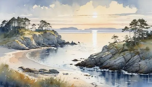 Swedish archipelago coast in the soft evening light, by Stewart Edmondson, Thomas Wells Schaller and Nita Engle, meticulous, intricate, entangled, intricately detailed,raincoast,coastal landscape,beac