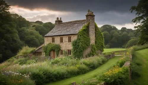 Rustic modern barn-style house, architectural design, Barnsley village, English countryside, rolling hills, green pastures, wooden beams, stone walls, sloping roofs, dormer windows, chimney, ivy climb