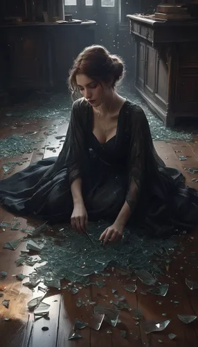 torn dress,broken glass,clary,cinderella,shattered,digital compositing,divination,the dice are fallen,shards,mourning swan,smashed glass,the fallen,of mourning,fallen,dress to the floor,luxury decay,fallen petals,broken pieces bring luck,venetia,jigsaw puzzle,Conceptual Art,Fantasy,Fantasy 11