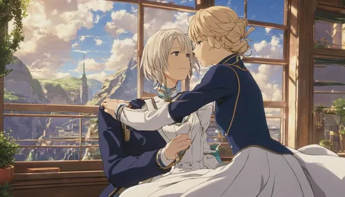 violet evergarden,wedding photo,romantic scene,darjeeling tea,wedding couple,tsumugi kotobuki k-on,darjeeling,wedding dress train,silver wedding,waltz,bridal,married,wedding dress,sun bride,wedding ceremony,idyll,holding flowers,bride and groom,hands holding,wedding frame,Conceptual Art,Sci-Fi,Sci-Fi 24