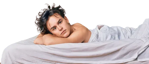 sick boy, lying in bed, messy hair, pale skin, sweat droplets on forehead, worn-out expression, thin blanket, white shirt, loose pants, bare feet, morning light, soft focus, warm color tone, shallow d