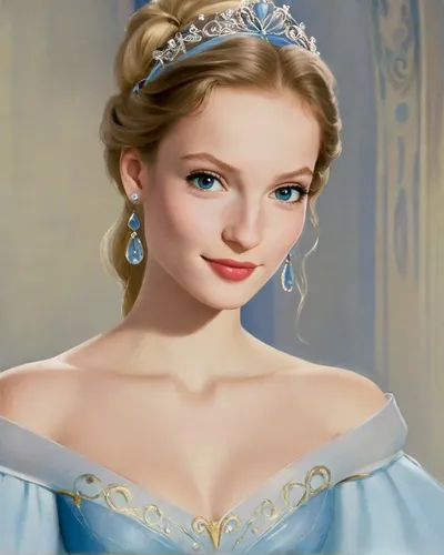 (Princess Cinderella: 1.3) from Disney animation, wears a ball gown in shade of light blue, a fitted bodice with off-the-shoulder sleeves, long gloves, an updo light blonde hair. ,princess sofia,elsa,