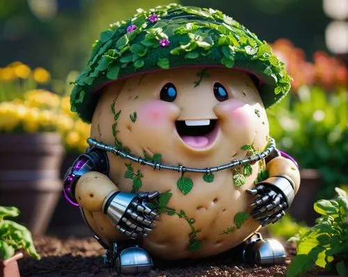 Adorable potato, cartoonish, chubby, rounded body, bright shiny skin, green leafy hat, cute eyes, smiling face, sitting, garden, flower bed, sunny day, warm lighting, soft focus, shallow depth of fiel