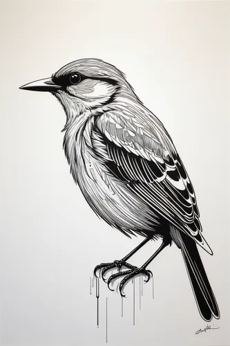 A bird, printmaking, woodcut, line, dot, black and white, masterpiece, extreme detail, masterpiece,,bird drawing,bird illustration,bird painting,northern mockingbird,pipit,black and white warbler,shri