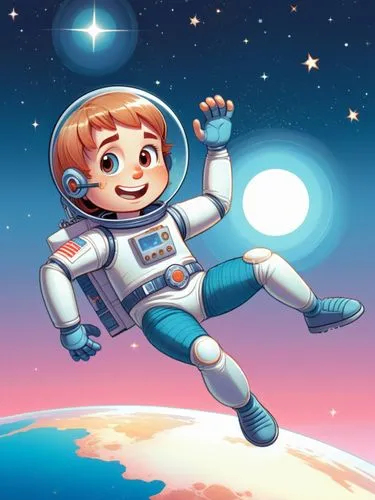 Astronaut,a boy in an astronaut's suit jumping from the earth to the moon,astronautical,astronautic,astronautics,taikonauts,spacesuit,taikonaut,Illustration,Children,Children 02