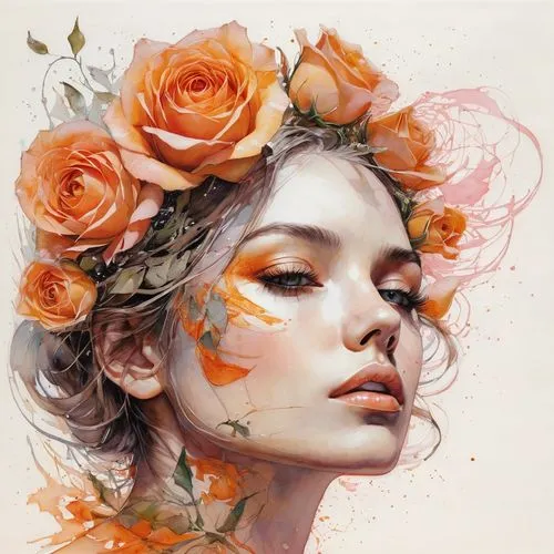 orange roses,orange rose,peach rose,orange petals,orange blossom,scent of roses,flower painting,girl in flowers,spray roses,rose flower illustration,petals,falling flowers,rose wreath,flora,boho art,orange floral paper,blooming roses,flower art,blooming wreath,fallen petals,Illustration,Paper based,Paper Based 13