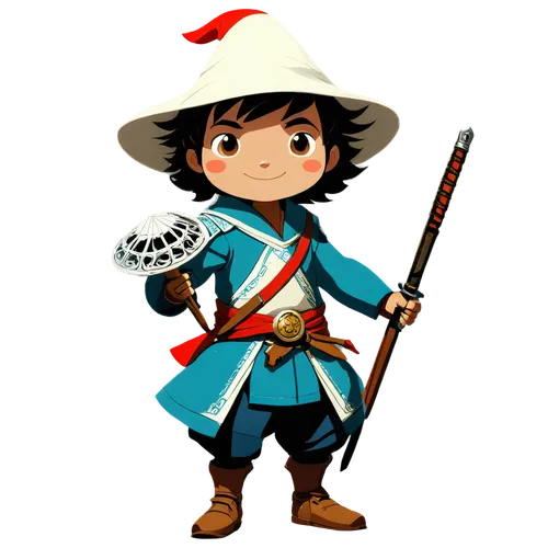 a tiny cute humanoid ronin samurai with mushroom cap hat,musketeer,adventurer,pilgrim,mountain guide,playmobil,goki,pilaf,my clipart,scout,taichi,lasso,matsuno,gaucho,saji,flag staff,anime japanese cl