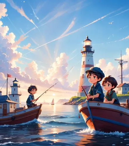 two fisher boy on a fishing ship,  passed by the lighthouse,some people are on some boats in the water,nautical children,sea scouts,ghibli,seafaring,studio ghibli,sailors,Anime,Anime,Cartoon