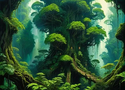 rainforests,rainforest,rain forest,tropical forest,green forest,elven forest,Illustration,Realistic Fantasy,Realistic Fantasy 03