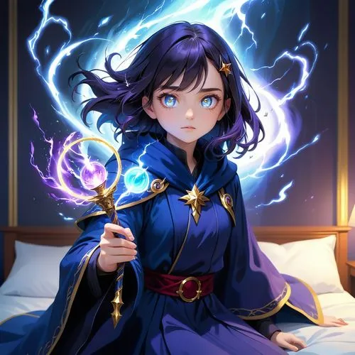 Teenage Girl in her bedroom sitting on her bed curvy, dark indigo hair, light yellow eyes, formal royal dress in galaxy colours with star accessories ,a anime princess in her blue gown and gold jewelr