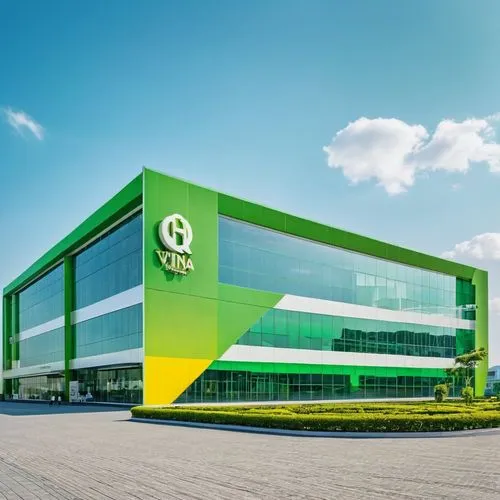 Exhibition building of HQ VINA PACKING corporation. Modern and futuristic, main colors green and yellow. There is a large and clear HQ_VINA_PACKING sign,skolkovo,sberbank,agribank,bilfinger,europcar,n