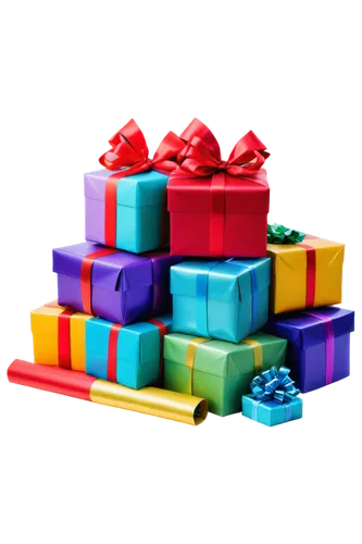 Wrapped presents, colorful gifts, ribbons tied in bows, shiny wrapping paper, curled edges, square shape, stacked on top of each other, festive atmosphere, soft focus, warm lighting, 3/4 composition, 