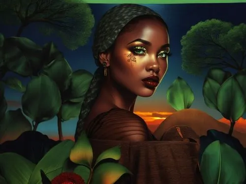 An amazing Nigerian young woman  with red lips and green eyes,a portrait of a woman in her natural surroundings,african woman,oshun,african art,azilah,africana,ibibio,Illustration,Paper based,Paper Ba