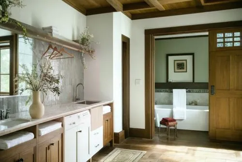 luxury bathroom,bathroom,bathroom cabinet,japanese-style room,modern minimalist bathroom,washroom,wooden beams,home interior,hallway space,washbasin,bathtub,hinged doors,spanish tile,commode,laundry room,shower bar,contemporary decor,interior decor,shabby-chic,cabinetry