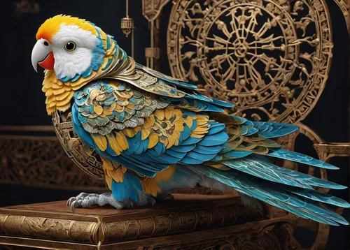 blue and gold macaw,an ornamental bird,blue and yellow macaw,macaws blue gold,blue parrot,ornamental bird,macaw hyacinth,blue macaw,beautiful macaw,beautiful parakeet,blue parakeet,budgerigar parakeet,prince of wales feathers,caique,macaw,yellow macaw,cute parakeet,beautiful bird,parrot,decoration bird,Illustration,Realistic Fantasy,Realistic Fantasy 42