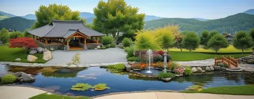 Render a landscape scene in a SketchUp style that includes a Koi pond, a gazebo positioned on varied terrain, a fountain, and a bridge. The Koi pond should have clear water with colorful Koi fish swim