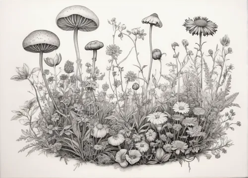 taraxacum,dandelions,dandelion meadow,mushroom landscape,pencil drawings,flower drawing,opium poppies,hawkweeds,corn poppies,taraxacum ruderalia,allium,sow thistles,flowering plants,dandelion seeds,thistles,graphite,helichrysum,allium sativum,flower illustration,wild seeds,Illustration,Black and White,Black and White 35