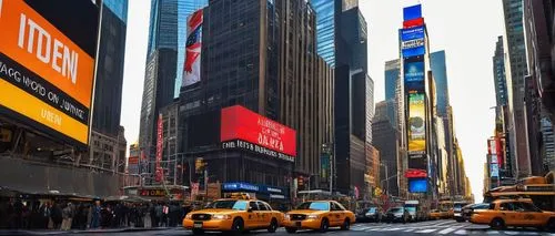 New York City, modern skyscraper, glass and steel structure, Art Deco details, intricate stone carvings, grand entrance, bustling streets, yellow taxi cabs, steam rising from manhole covers, pedestria