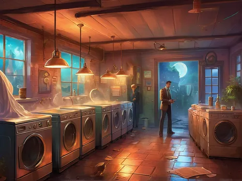 laundry room,laundromat,laundry,washing machines,laundry shop,washing clothes,washing machine,dry laundry,washer,laundry supply,washhouse,laundress,washing,sci fiction illustration,kitchenette,launder,dryer,washes,washers,washing dishes,Illustration,Realistic Fantasy,Realistic Fantasy 01