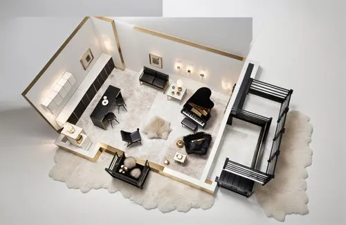 Piano,,an overhead view of a house with white and black furniture,model house,dolls houses,search interior solutions,dressing table,doll house,interior decoration,Photography,General,Realistic