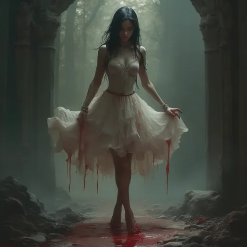 A Young Women Bloodied Dancing.,the woman wearing white is holding  in her dress,persephone,woolfe,unseelie,dead bride,vampire woman,sirenia