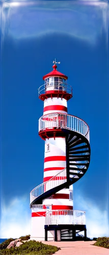 Lighthouse, solo, coastal scenery, towering structure, white and red stripes, lantern room, spiral staircase, intricate ironwork, majestic architecture, sunny day, clear blue sky, few puffy clouds, wa