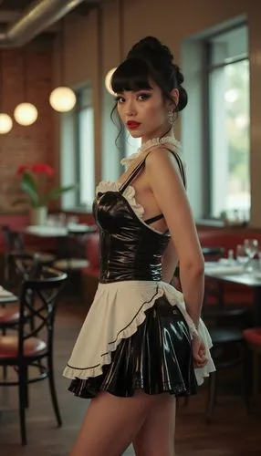 vintage french maid Frau dita von teese dunkle haare  30 Jahre sehr schlank , wespentalie , lange beine ,   im hoch glänzendem latex  Korsett ,  schwarz weiß French Maid latex  kostüm mit ausladendem 