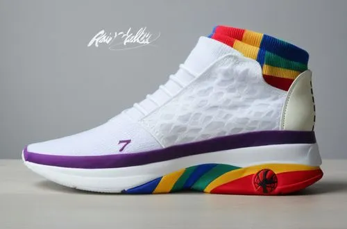 Sock upper basketball sneaker, woven fabric vamp,2-tone sock collar "7" logo, "basketball" logo, all white with rainbow color scheme ,Custom court shoe 3 ,multicolored,hightops,multi coloured,pharrell