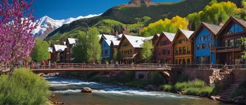 Telluride arts and architecture, mountain town, Colorado, wooden cabins, stone buildings, modern art galleries, colorful murals, street performers, live music, vibrant flowers, greenery, outdoor sculp