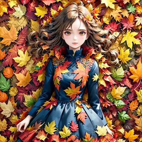 фотомодель в платье из осенних листьев, эпичное фото,a pretty young lady standing next to a pile of leaves,autumn background,autumns,autuori,autumn leaves,autumn theme,fall,fall leaves,autumn cupcake,