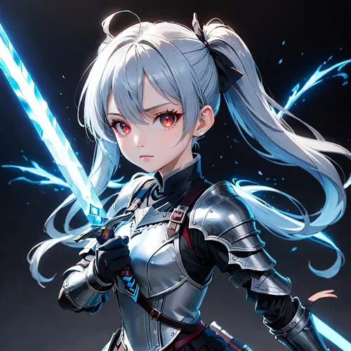 a female warrior character in a fantasy style. The character has pale, almost white skin and striking red eyes. Her hair is long, flowing, and light blue, styled into two high ponytails with glowing t