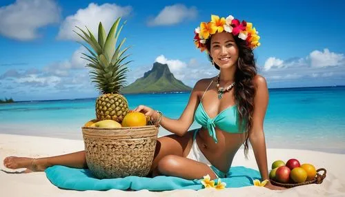 Hawaiian girl, unelanuhi, flower crown, hibiscus flowers, coconut bra, tropical island, sunny day, warm light, beachside, palm trees swaying, crystal clear turquoise water, sailboat in distance, relax