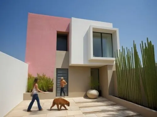 MEXICAN PINK WALL,a woman walking past a dog on a tiled walkway,dunes house,cubic house,corbu,cube house,vivienda,dog house