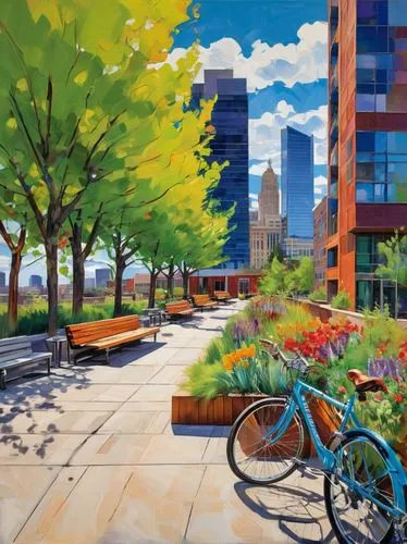 city bike,bicycle path,bike city,colorful city,bicycle ride,bikeshare,halsted,bicycle lane,bike path,urban landscape,city scape,metrotech,liveability,bicycle,bicycles,carfree,bikeways,bicycle riding,bicycling,urban park,Conceptual Art,Oil color,Oil Color 25