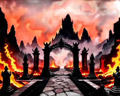 firelands,fire background,cataclysm,burning earth,pillar of fire,door to hell,infernal,firestorms,inferno,scorched earth,fire land,tartarus,hall of the fallen,surtur,city in flames,incinerate,devilwood,hellfire,afterburning,hellbound,Conceptual Art,Fantasy,Fantasy 34