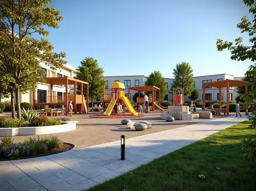 Vibrant playground, colorful climbing frames, interactive educational equipment, soft rubber flooring, shaded canopies, natural stone benches, whimsical sculptures, blooming flower gardens, lush green