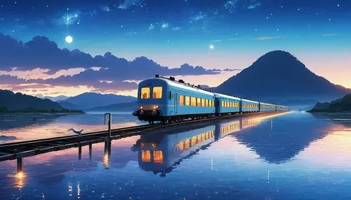 tmasterpiece, Cartoon train passing through body of water on rails, Bright starry sky. Romantic train, Xin Haicheng pictures, pixiv, concept-art, Lopfe art style, reflector. author：Xinhai sincerely, l