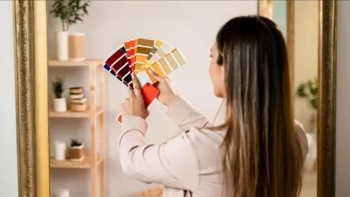 the woman is using an orange fan to decorate,pantene,woman holding pie,holding a frame,woman eating apple,hair brush,woman holding a smartphone