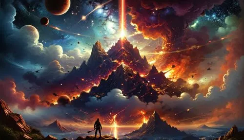 difuse anf confuse mistycal sky ,man looking at giant alien planet with mountains and stars,volcanic,fire background,eruption,volcanic eruption,pyre,volcanos,Illustration,Realistic Fantasy,Realistic F