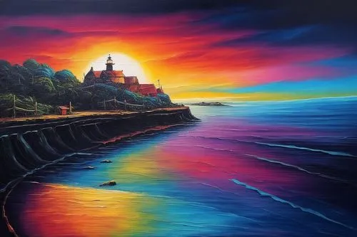 lighthouse,lighthouses,light house,red lighthouse,petit minou lighthouse,electric lighthouse,art painting,sea shore temple,phare,oil painting on canvas,oil painting,dmitriev,maiden's tower,sea landscape,point lighthouse torch,coastal landscape,seascape,peinture,coast sunset,welin,Illustration,Realistic Fantasy,Realistic Fantasy 25