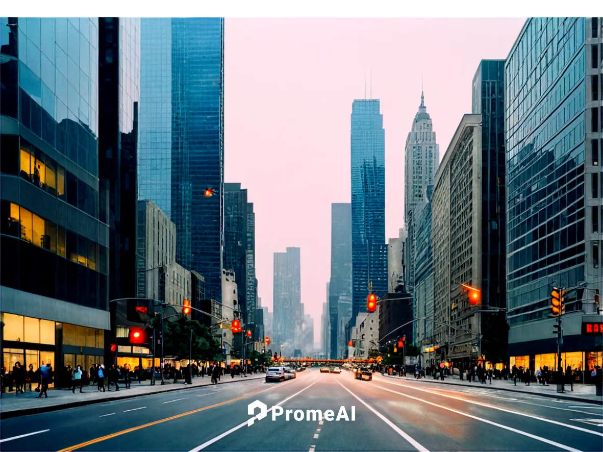 Cityscape, downtown area, skyscrapers, modern architecture, glass windows, steel frames, busy streets, traffic lights, pedestrians, blurred motion, cloudy sky, soft focus, warm color tone, cinematic c